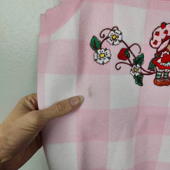 Hot Topic Strawberry Shortcake Knit Tank Top Womens Medium White Pink Gingham - Picture 3 of 9